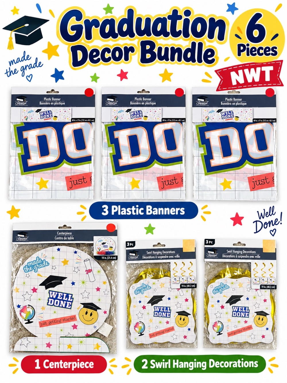 Graduation Party Decor Bundle Banners Centerpiece Hanging Swirls NWT